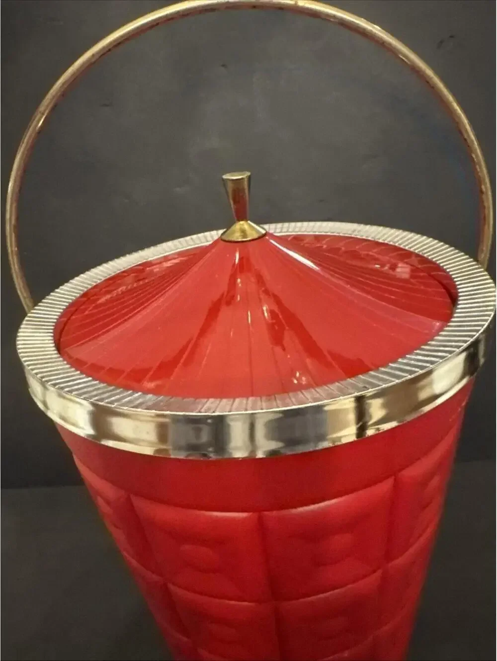 Vintage 1960’s Red Lustro Ware Plastic Ice Bucket With Gold-tone Accents. 14” H